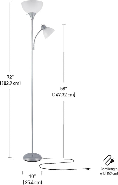 67134 72" Torchiere Floor Lamp and Adjustable Reading Light, Silver, Frosted Shade, Dual Rotary Switch, 3-Step Dimming, Modern Lighting for Living Room or Office, Timeless7
