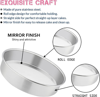 8 Inch Cake Pan Set of 3, Stainless Steel round Layer Cake Baking Pans, Non-Toxic & Healthy, Mirror Finish & Dishwasher Safe3