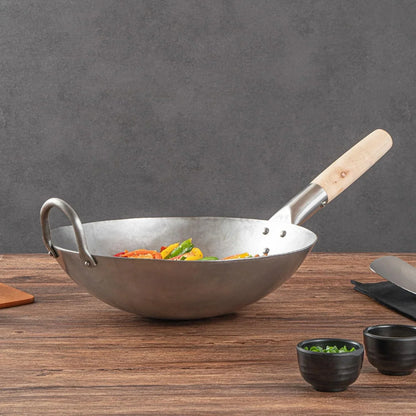 Carbon Steel Wok 1 Pack of 12 Inch Heavy-Duty Stir Fry Pan Silver Hand Hammered Wok Efficient Maneuvering Steel Helper Handle Uniform Heat Distribution Asian Cooking8