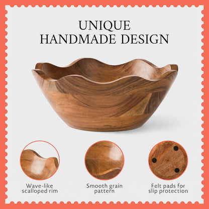 Premium Scalloped Acacia Bowl - Natural Finish, 10In Wide × 4In Height7
