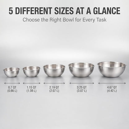 5 Pcs Stainless Steel Mixing Bowls,Dishwasher Safe,Food Grade 304,Silver,Salad Prep & Cooking8