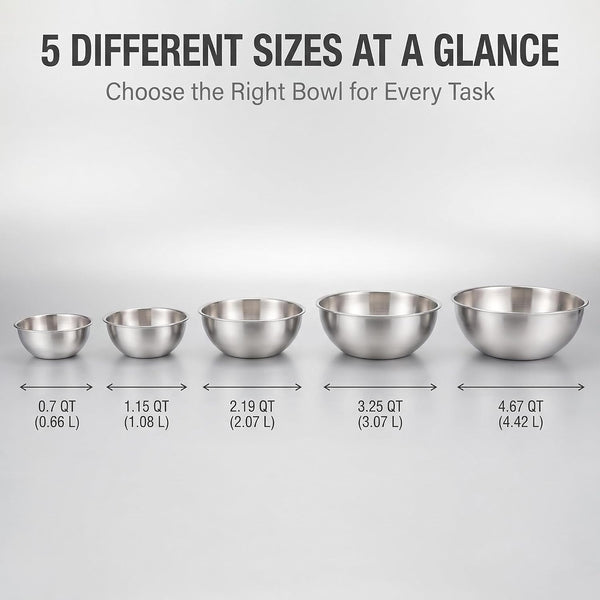 5 Pcs Stainless Steel Mixing Bowls,Dishwasher Safe,Food Grade 304,Silver,Salad Prep & Cooking8