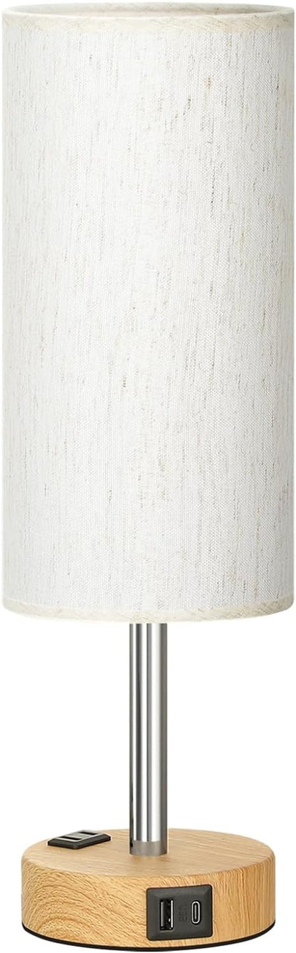 Bedside Table Lamp for Bedroom - Dimmable Touch, USB A+C, AC Outlet | 3-Way Dimmable, LED Bulb Included, Fabric Lampshade, Wood-Grain Metal Base, 14" Small Nightstand Lamp for Desk, Living Room8