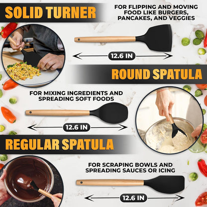 14 Pcs Kitchen Utensils Set with Holder, Beech Handles (Black)3