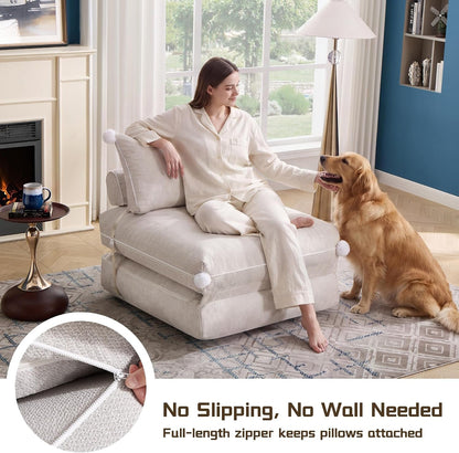 Folding Sofa Bed, Convertible Sleeper Chair with Back Support, Comfy Chenille Fold Out Couch Bed for Adults, No Wall Needed Floor Sofa Bed for Living Room Bedroom Apartment, Beige7
