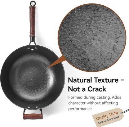 12.6 Inch Cast Iron Wok Pan with Wood Lid, Uncoated Flat Bottom Chinese Stir Fry Pan, Heavy Duty Wok for Induction, Gas and Electric Stoves7
