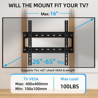 TV Wall Mount Fixed for Most 26-65 Inch Flat/Curved Tvs | Max VESA 400X400Mm up to 99Lbs Fits 16 Inch Wood Studs, Universal Low Profile Wall Mount TV Bracket, Space Saving HV84012