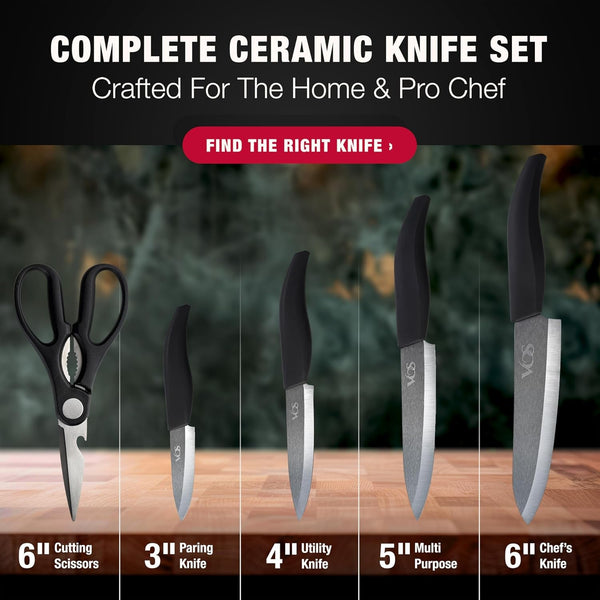 Ceramic Knives Set for Kitchen in Gift Box, 5 Ceramic Knife with Cover with Scissors, 3" 4" 5" 6" Ultra Sharp Knives for Home Cooks, Lightweight, Rust-Free, Dishwasher Safe (Black Handle)2