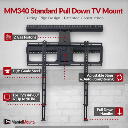 '- MM340 above Fireplace Pull down TV Mount- Televisions 44" to 80" up to 90 Lbs - Safe Auto-Adjusting TV Mounts - Patented Motion Stops, Handles, Balancing Technology - Superior Steel5