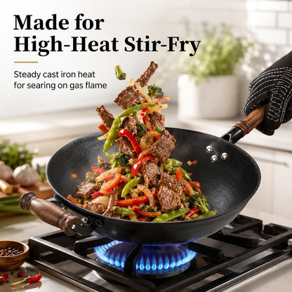 12.6 Inch round Bottom Cast Iron Wok with Glass Lid, Chinese Stir Fry Pan for Gas Stove & Open Flame, Uncoated Clay-Mold Texture, Wok Ring Required, Seasoning Needed4