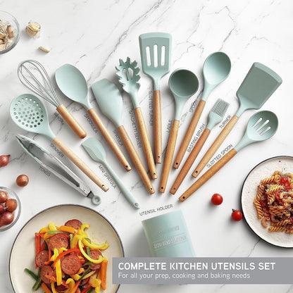 Non Stick Silicone Utensil Set with Rounded Wood Handles for Cooking and Baking, 14 Piece Set, Mint5