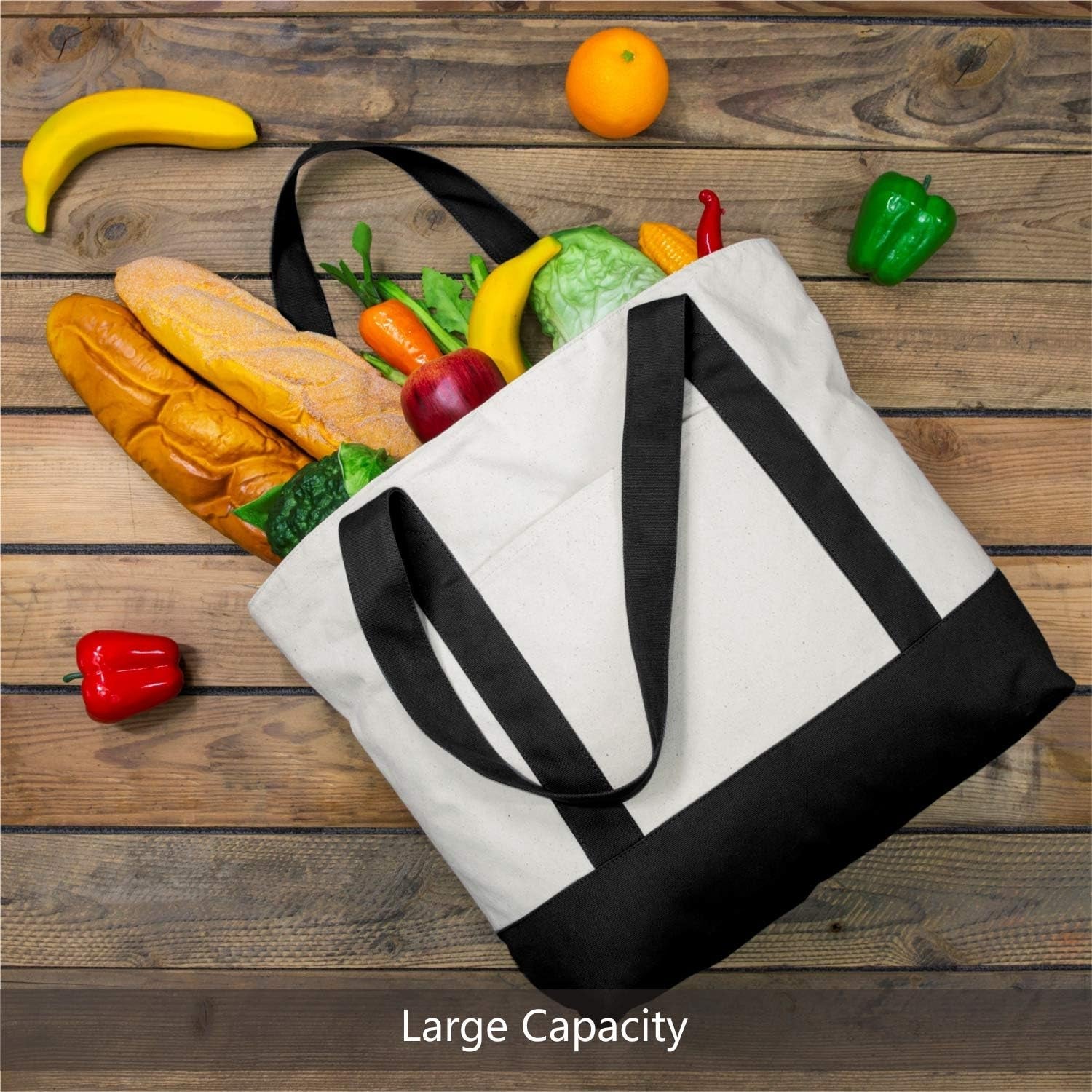 1-3-6-30-pack-canvas-tote-bag-with-an-external-pocket-reusable-grocery-shopping-bag-top-zipper-closure-daily-essentials-black-natural-pack-of-1