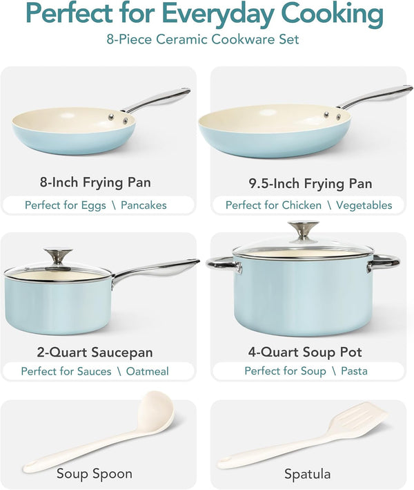 Pots and Pans Set Non Stick, 8-Piece Ti-Infused Ceramic Cookware Set with Silicone Utensils - Induction Compatible, Oven Safe, Pfoa-Free, Blue2
