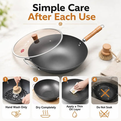 12.6 Inch Carbon Steel Wok with Lid, Flat Bottom Wok Pan for Induction, Electric and Gas Stoves, Uncoated Chinese Stir Fry Pan with Wooden Handle7