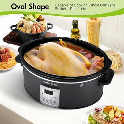 7QT 280W Electric Slow Cooker, Digital 20H Timer & 3-Level Heat Settings, Oval Ceramic Inner Pot, Black, for Family Dinners5