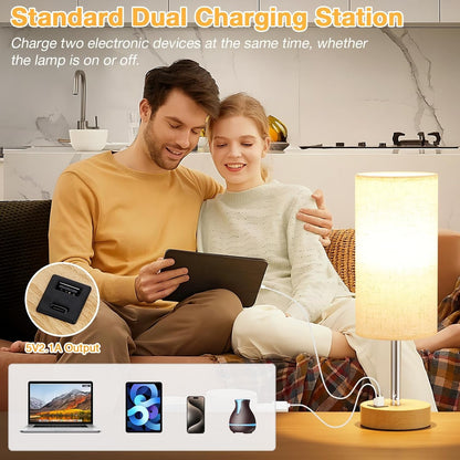 Bedside Table Lamp for Bedroom - 3-Way Dimmable Touch Lamp, USB A+C | LED Bulb Included, 14" Small Nightstand Lamp for Desk, Living Room, Guest Room, Cream Fabric Lampshade, Wood-Grain Metal Base4