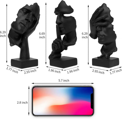 Prosfalt 3 Pcs Thinker Statue, Silence Is Gold Abstract Art Figurine, No Hear No See No Speak Modern Home Resin Sculptures Decorative Objects Decor for Home Office Bookshelf Desktop(Black) (A-41)5