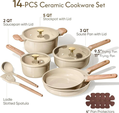 Pots and Pans Set, Ceramic Cookware Set, 14Pcs | Healthy Induction Kitchen Set, with Silicone Lids, Easy Clean, Even Heating, Space Saving, PFAS FREE2