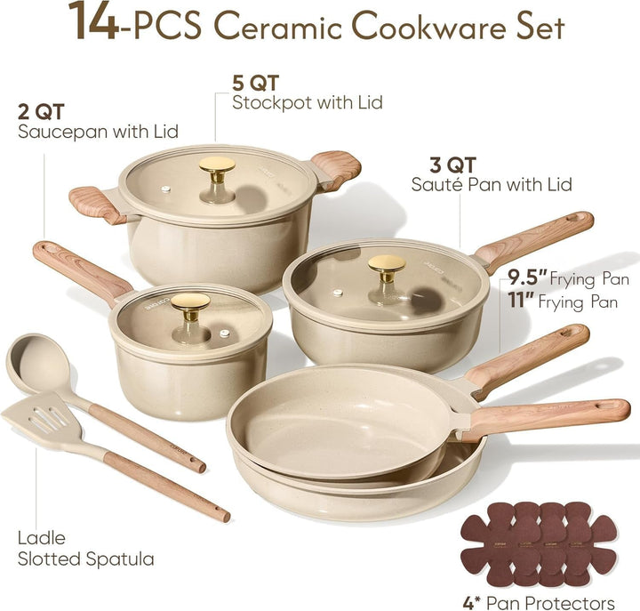 Pots and Pans Set, Ceramic Cookware Set, 14Pcs | Healthy Induction Kitchen Set, with Silicone Lids, Easy Clean, Even Heating, Space Saving, PFAS FREE+2