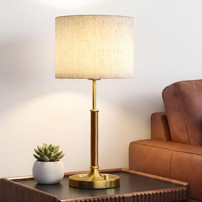 Table Lamp for Bedroom, Bedside Table Lamp with Linen Fabric Shade, Wood & Gold Metal Base, Nightstand Table Lamp for Bedroom, Living Room, Office, Mid Century Accent Lamp for Home Decor1