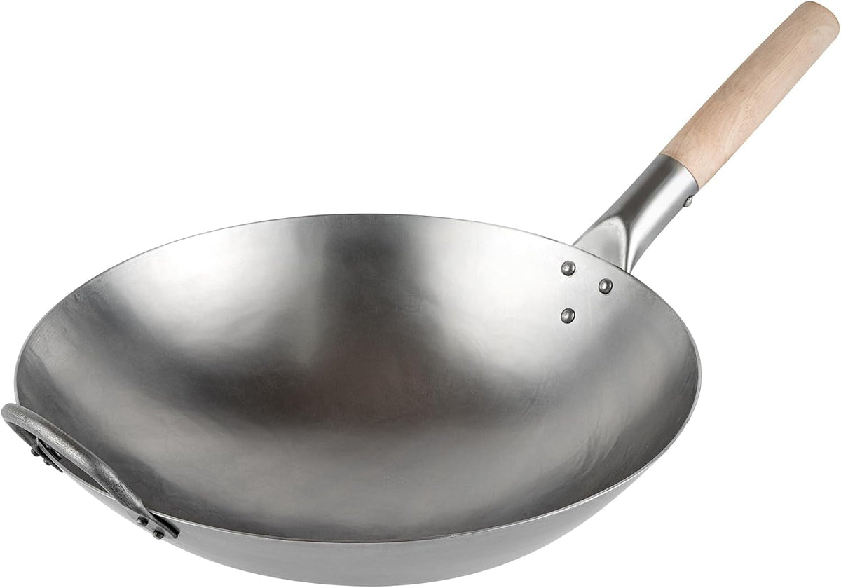 carbon-steel-wok-1-pack-of-14-inch-heavy-duty-stir-fry-pan-silver-hand-hammered-wok-efficient-maneuvering-steel-helper-handle-uniform-heat-distribution-asian-cooking