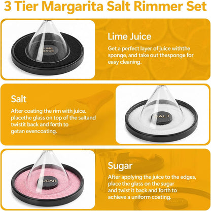 3 Tier Margarita Salt Rimmer Set with Lid, Stackable 3-Tier Glass Rimmer for Cocktail, Salt & Sugar Rimmer for Margaritas, Bloody Marys & Micheladas, Home Bar Accessories4