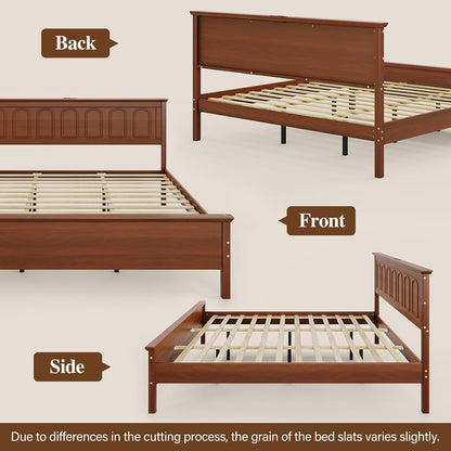 Queen Size Bed Frame with Headboard, Wood Platform Bed6