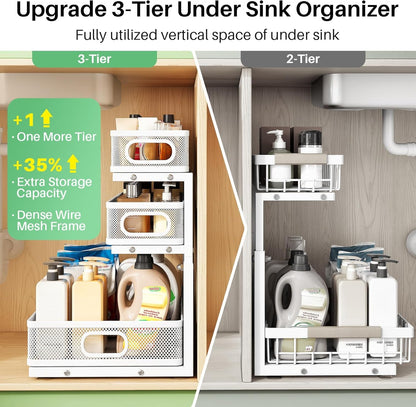 under Sink Organizer, 2-Pack 3-Tier Height Adjustable Thickened Metal Pull Out Cabinet Organizer Shelf, Slide Out Storage Drawer Rack for Bathroom Kitchen Pantry Home Laundry Organization4