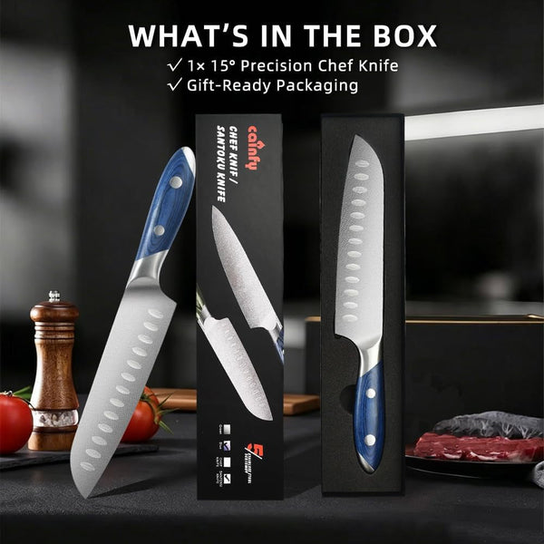 7 Inch Stainless Steel Kitchen Santoku Knife, Blue Pakkawood Handle9
