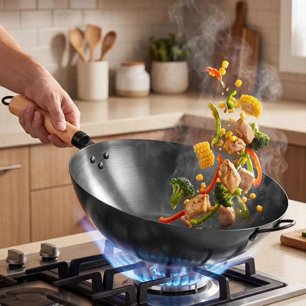 13-5-carbon-steel-wok-pan-no-chemical-coating-pre-seasoned-flat-bottom-pow-wok-for-family-meals-and-camping-compatible-with-induction-electric-gas-open-fire-black