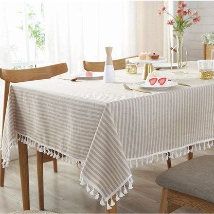 Stripe Tassel Tablecloth Cotton Linen Stain Resistant Dust-Proof Table Cloth Cover for Kitchen Dinning Tabletop Decoration (Rectangle/Oblong,55 X 79 Inch, Beige)1