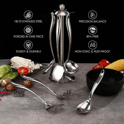 18/10 Stainless Steel Cooking Utensils Set with Holder, 7-Pieces All Metal Kitchen Utensils, 15’’ Kitchen Tools with Countertop Rotating Stand, Spatula, Ladle, Skimmer, Tunner, Pasta, Large Spoon6