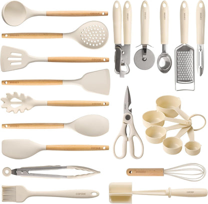 22-Piece Cooking Utensils Set with Wood Cool-Touch Handles, Cream1