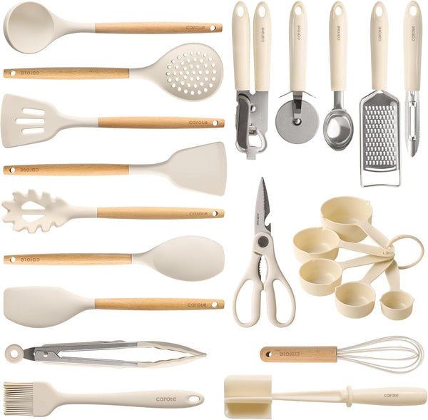 22-Piece Cooking Utensils Set with Wood Cool-Touch Handles, Cream1