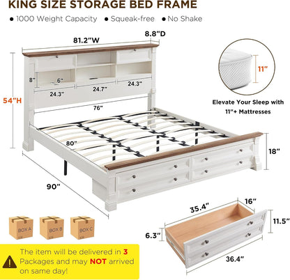 Farmhouse King Size Bed Frame with 2 Drawers & 4 Bookcases on the Headboard2