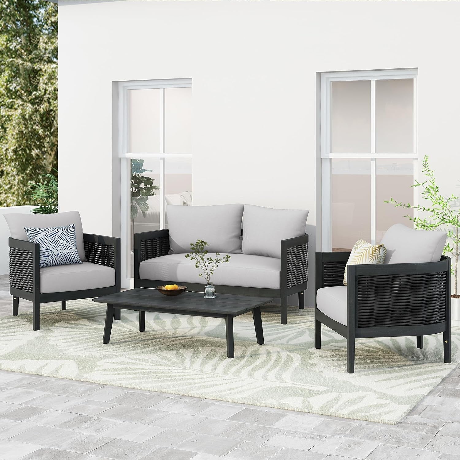 peron-patio-4-seater-conversation-set-sofa-loveseat-2-club-chairs-coffee-table-cushion-back-pillows-acacia-wood-wicker-garden-backyard-poolside-black-light-grey