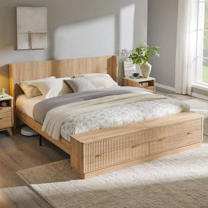 Fluted King Bed with Headboard and Storage Bench, Natural Oak1