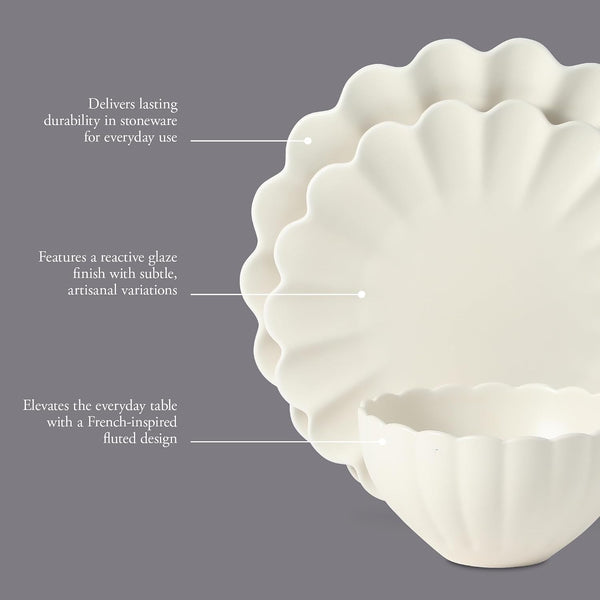 Bistro Fleur Plates and Bowls Sets, 12-Piece Stoneware Dinnerware Set for 4, Ivory White Scalloped Dish Set with Dinner Plates, Salad Plates & Bowls3