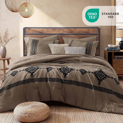 Embroidery Queen Comforter Set 7 Pieces Taupe Grey Bed in a Bag2