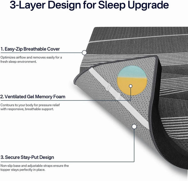 3 Inch Twin XL Mattress Topper Memory Foam, Cooling Gel & Non-Slip Straps | College Dorm Essentials, Pressure Relief & All Night Comfort, Certipur-Us4