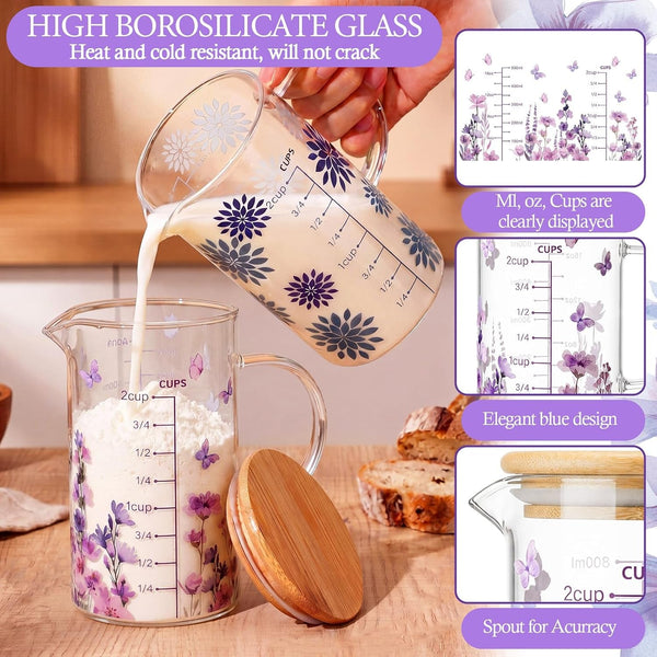 Glass Measuring Cup 16Oz/2Cups/500Ml Easy to Read V-Shaped Spout High Borosilicate Glass Measuring Cup with Bamboo Lid Stirring Spoon and Brush for Coffee Kitchen Baking Cooking(Purple Flower)3