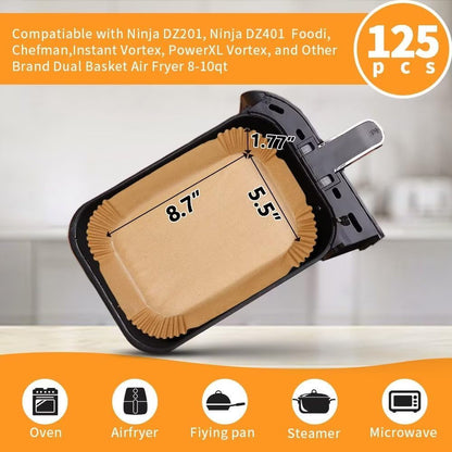 Air Fryer Liners Disposable for Ninja Airfryer: 125Pcs 8.7X5.5" Rectangle Parchment Paper for Air Fryer Dual Basket Ninja DZ201 DZ401 Foodi 8Qt and above Air Fryer Liner Accessories2