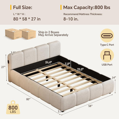 Full Size Cloud Boucle Upholstered Platform Bed Frame W/Usb Ports2