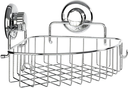 Corner Shower Caddy with Suction Cups and 3M Adhesive Mounting Discs for Porous Surfaces - Stainless Steel Basket for Bathroom Storage (Chrome)1