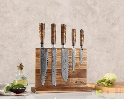 5-Piece Damascus Kitchen Knife Set with Magnetic Block, VG10 Core | Damascus Knife Set with Block: 67-Layer Damascus Steel, Sycamore Handles, Chef, Santoku, Bread, Utility and Paring Knives7