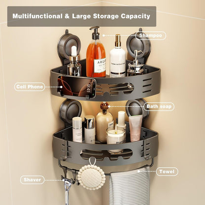 Corner Shower Caddy Suction Cup, Aluminum Corner Shower Shelves for Wall No Drilling, Large Suction Cup Shower Organizer with Towel Bar & Hooks Removable Bathroom Storage Rack(2 Pack-Gray)7