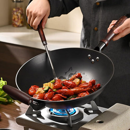 13 Inch Black Cast Iron Wok Pan round Bottom with Wooden Handle, Use on Gas Stove, Campfire Open Fire Stir-Fry, Physical Non Stick5