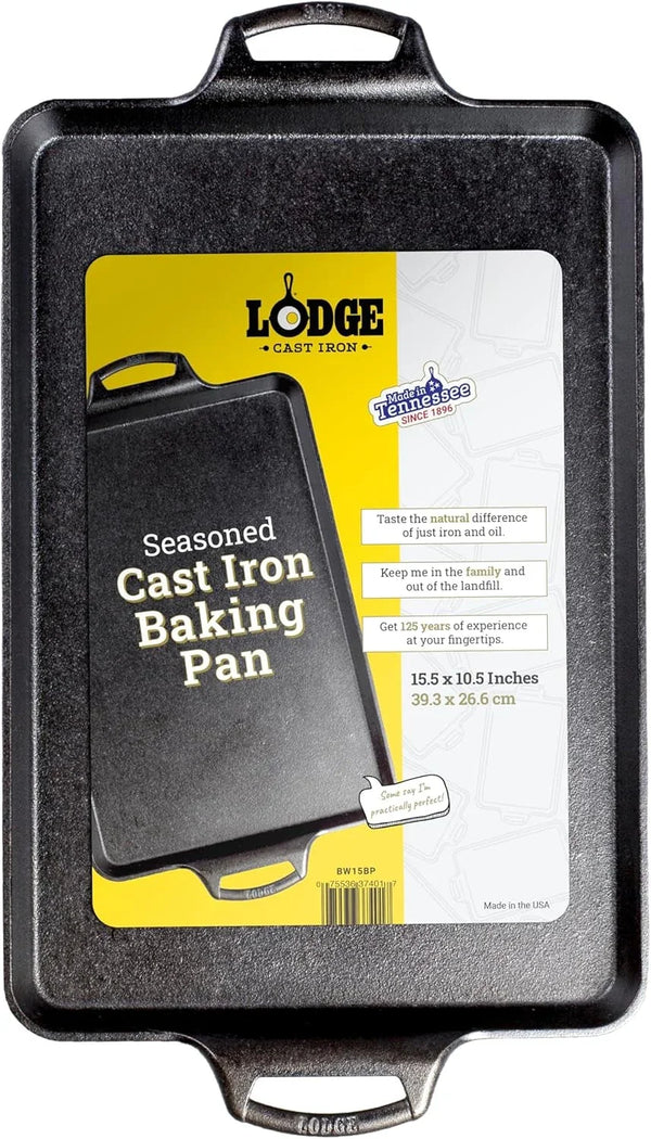 Pre-Seasoned Cast Iron Baking Pan, Rectangular, 15.5 X 10.5 Inches | Heavy-Duty Rectangular Cast Iron Bakeware with Dual Handles, Nonstick Baking Pan, Oven Tray, Made in USA1