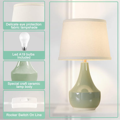 18" Table Lamp Set of 2, Ceramic Table Lamp Classic beside Lamps Nightstand Lamp Modern Lamp for Living Room, Bedroom & Office Rocker Switch Sage Green-Led Bulbs Included7