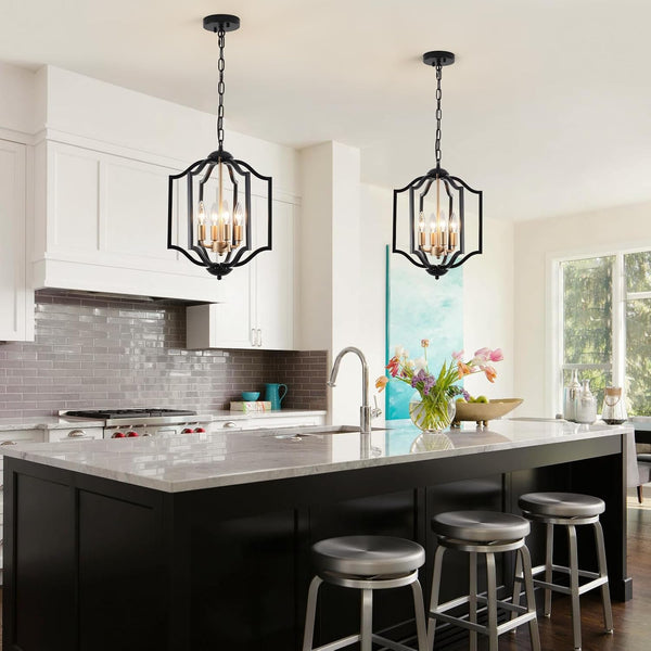 Black and Gold Chandelier Light Fixture, 4-Light Farmhouse Chandelier Dining Room Light Fixtures Rustic Hanging Small Entryway Pendant Light for Kitchen Island Foyer Living Room5